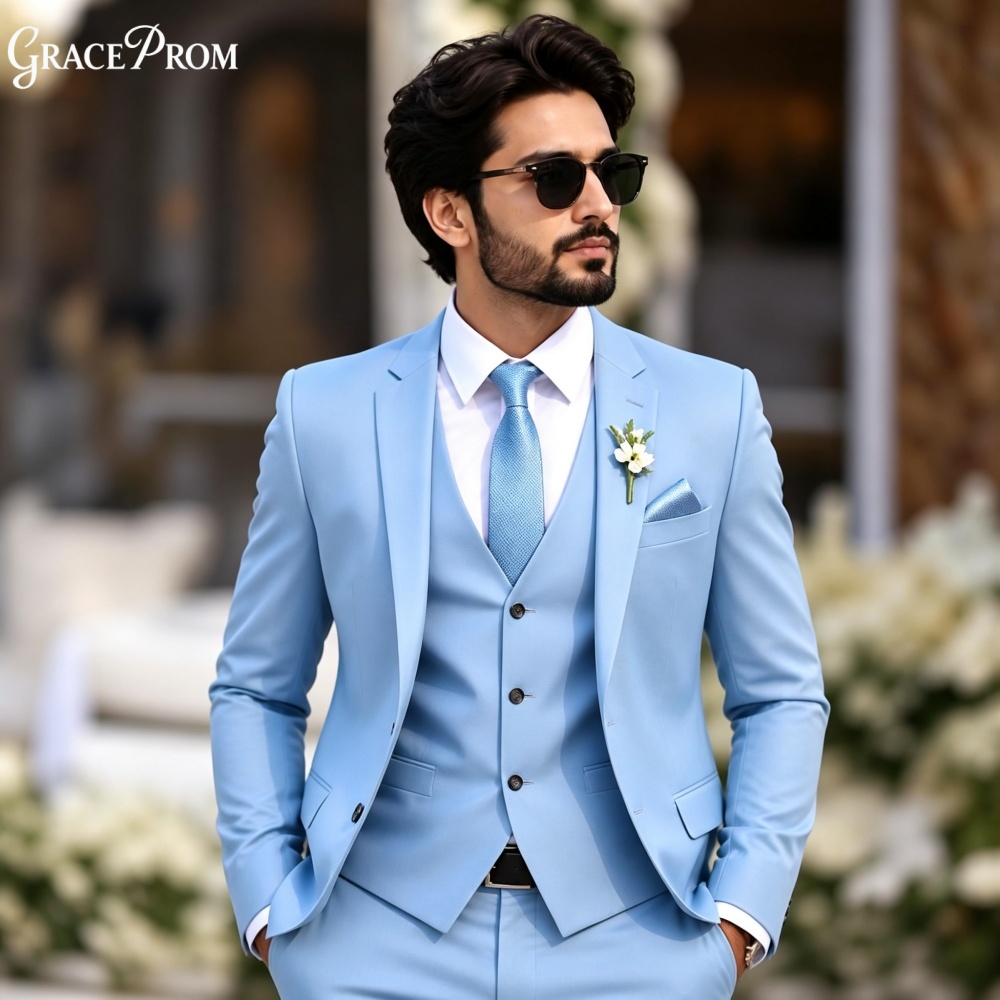 Men'S Formal Evening Wear - Elegant Light Sky Blue 3PCS Men